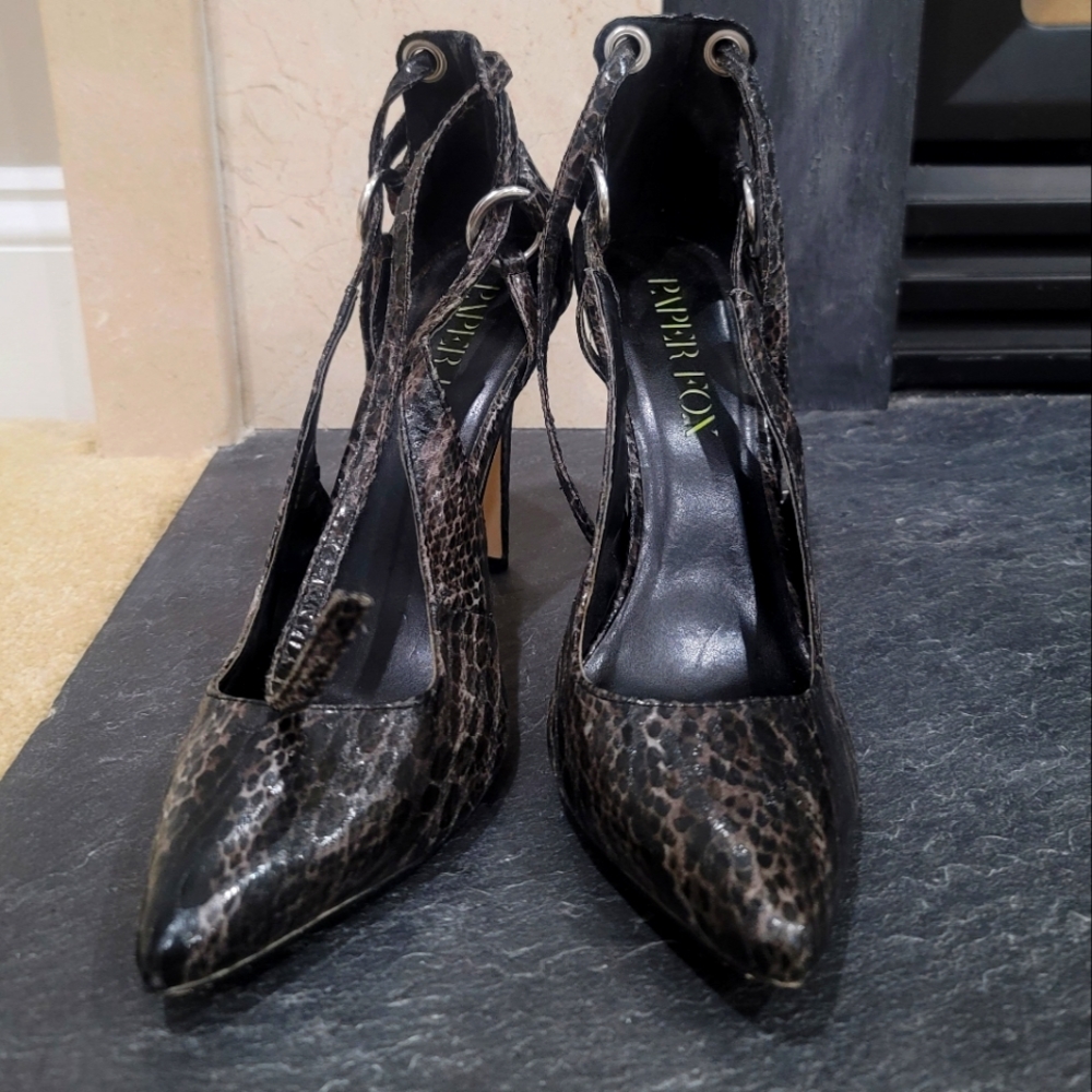Paper Fox black / gray snake skin stilettos double strap wraps at ankle